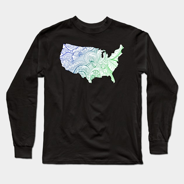 Colorful mandala art map of the United States of America in blue and green on white background Long Sleeve T-Shirt by Happy Citizen